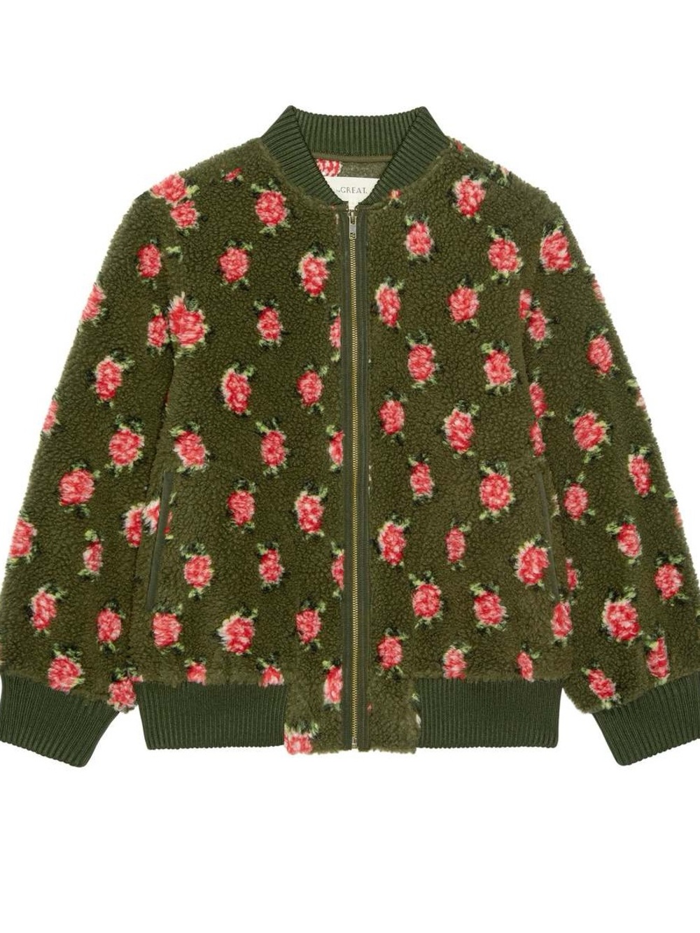 THE GREAT. Olive Floral Sherpa Bomber Jacket